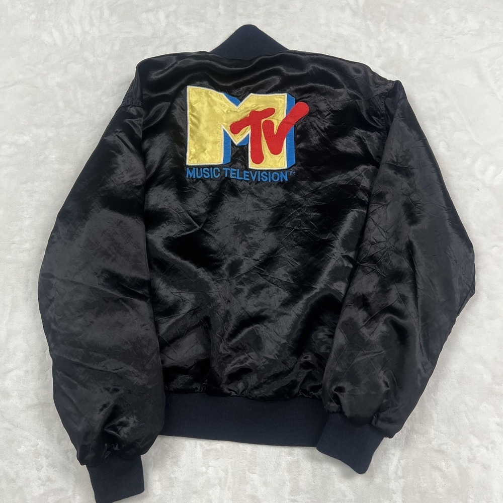 Pyramid Bomber Jacket Mens L Black MTV Music Television Satin Vintage USA Made